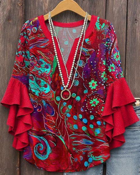 Printed-Combo V-Neck Blouse