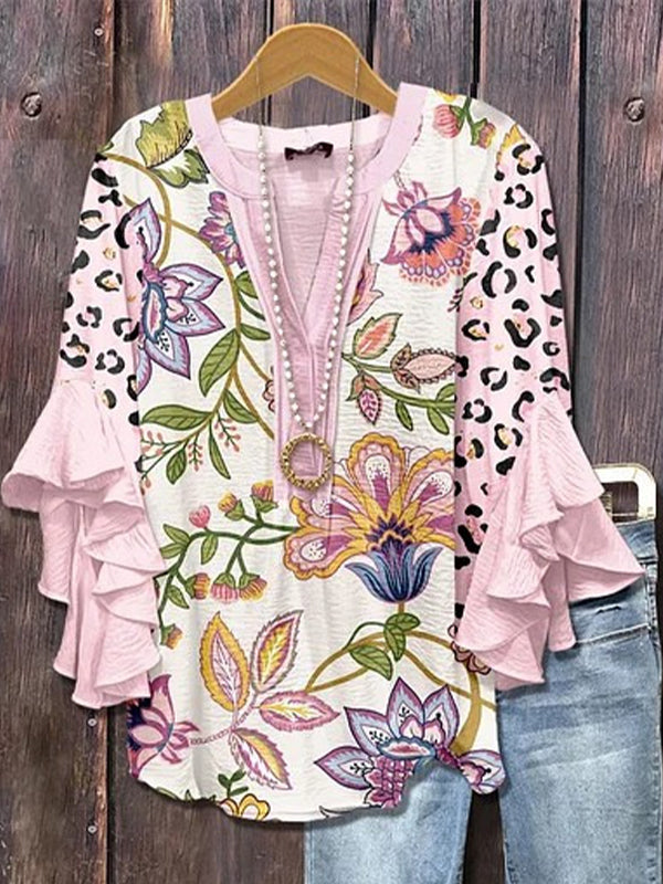 Printed-Combo V-Neck Blouse