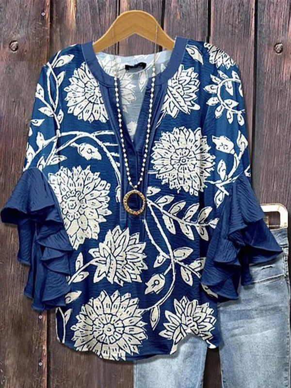 Printed-Combo V-Neck Blouse