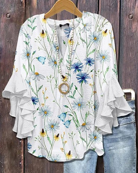 Printed-Combo V-Neck Blouse