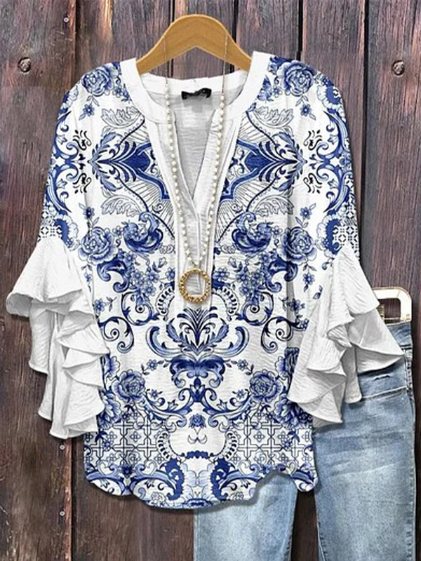 Printed-Combo V-Neck Blouse