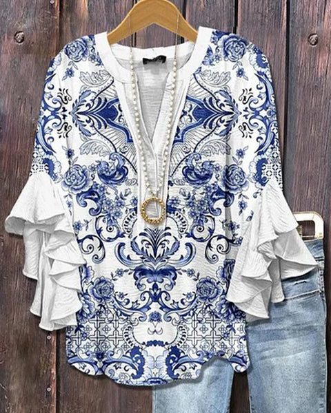 Printed-Combo V-Neck Blouse