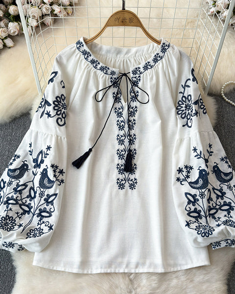 Embroidery Tied Blouse