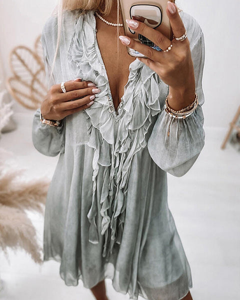 V-Neck Ruffle Chiffon Dress