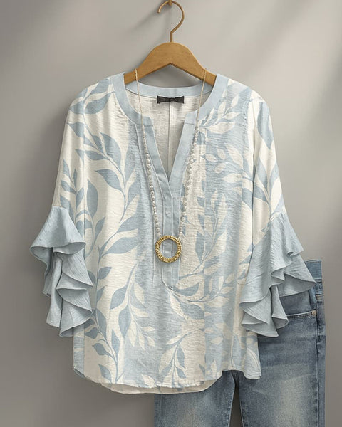 Printed V-Neck Ruffle Blouse