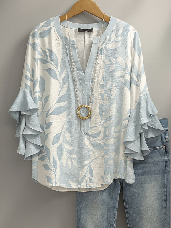 Printed V-Neck Ruffle Blouse