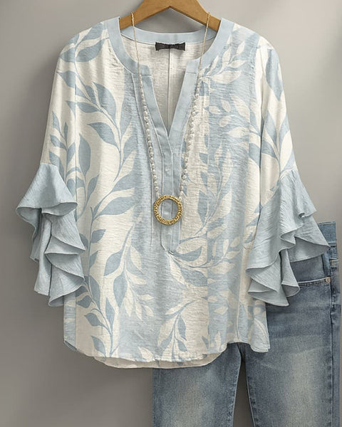 Printed V-Neck Ruffle Blouse