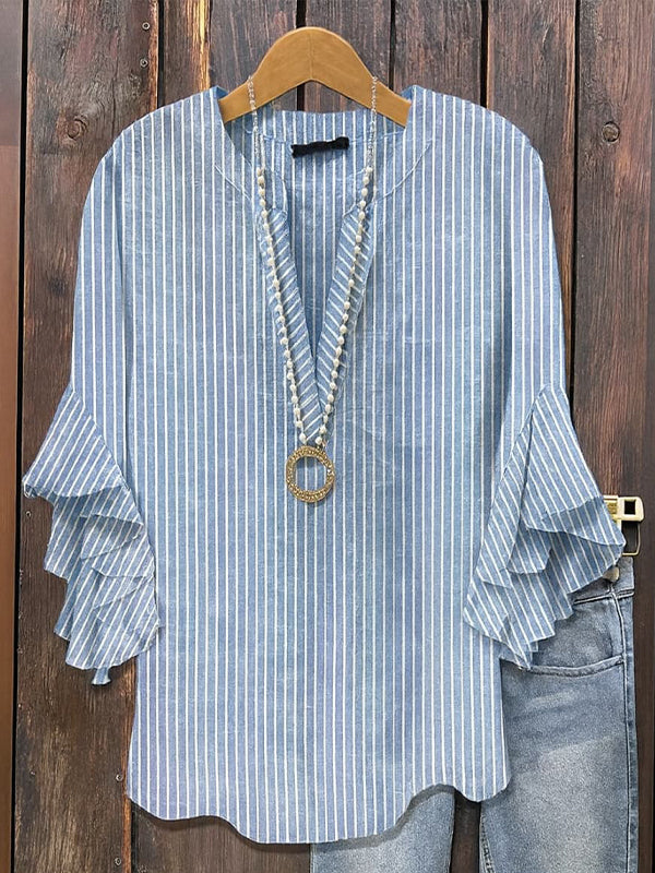 Stripe V-Neck Ruffle Blouse