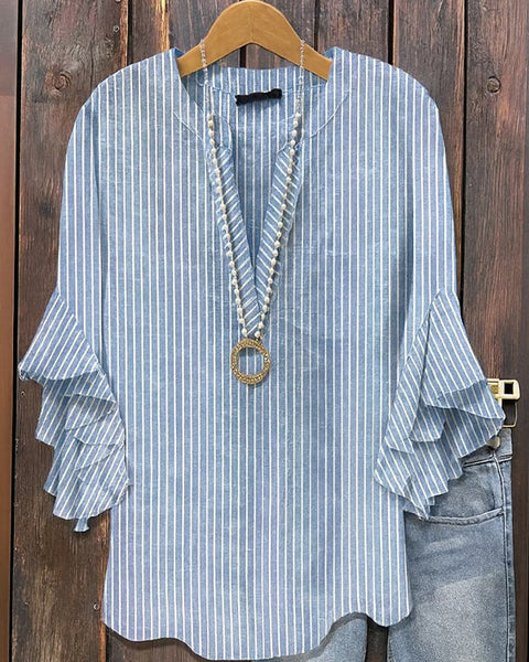 Stripe V-Neck Ruffle Blouse