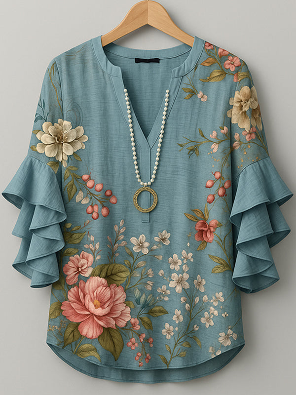 Printed V-Neck Ruffle Blouse
