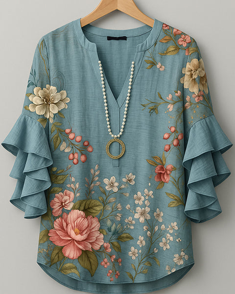 Printed V-Neck Ruffle Blouse