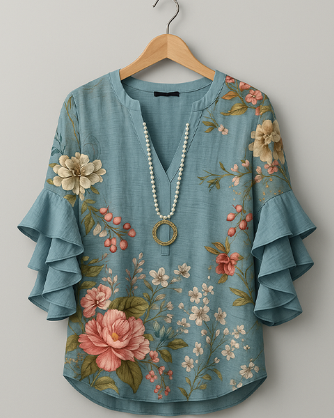 Printed V-Neck Ruffle Blouse