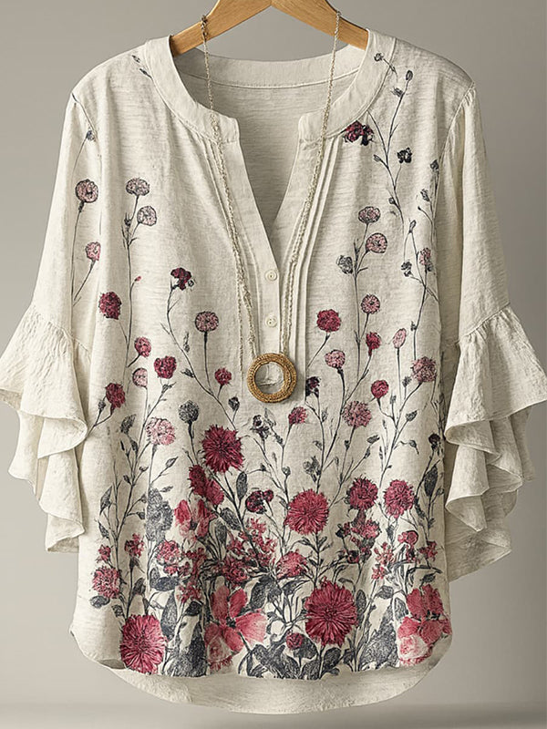 Printed V-Neck Ruffle Blouse