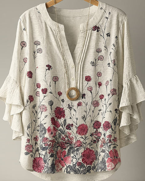 Printed V-Neck Ruffle Blouse