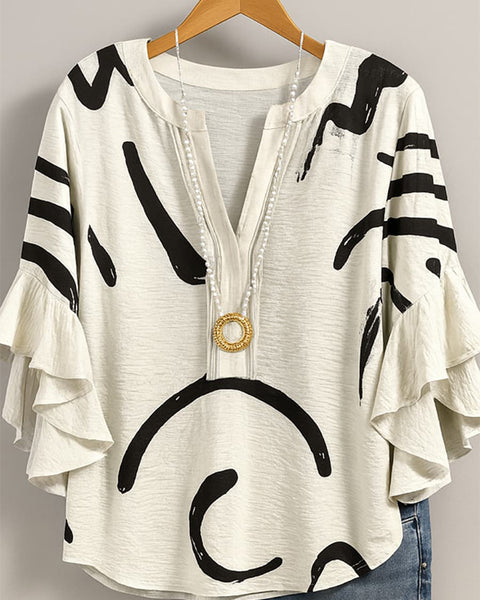 Printed V-Neck Ruffle Blouse