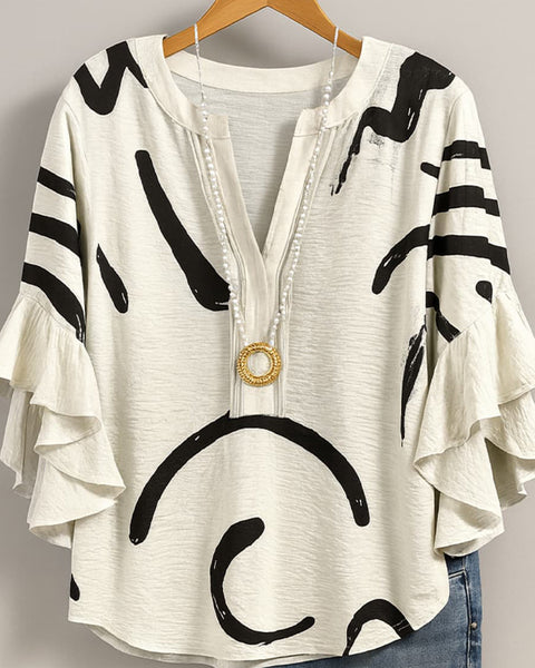 Printed V-Neck Ruffle Blouse