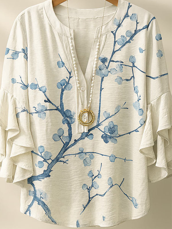 Printed V-Neck Ruffle Blouse