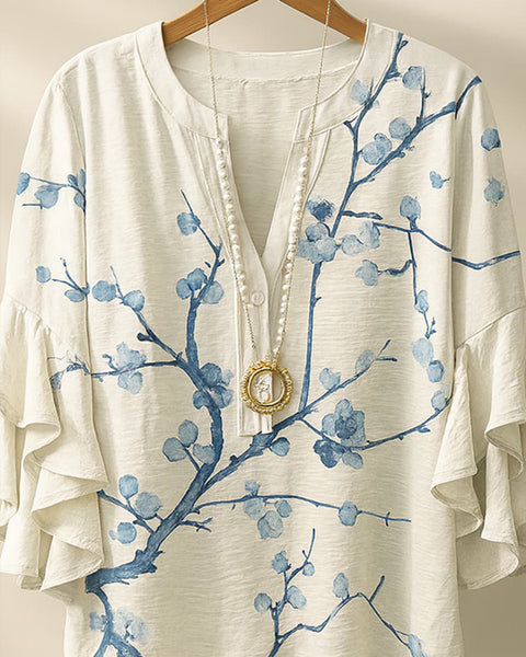 Printed V-Neck Ruffle Blouse