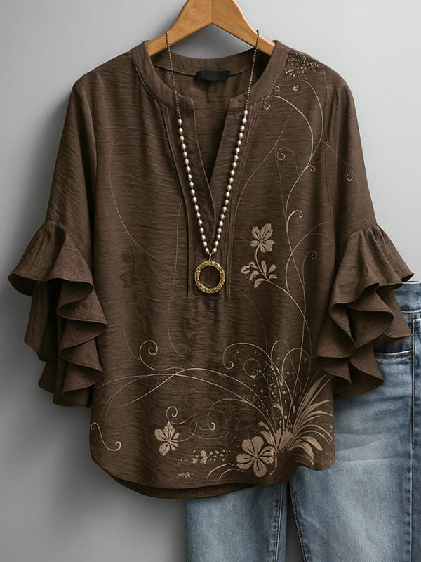Printed V-Neck Ruffle Blouse