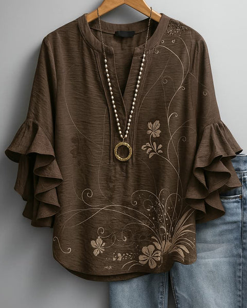 Printed V-Neck Ruffle Blouse