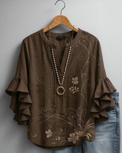 Printed V-Neck Ruffle Blouse