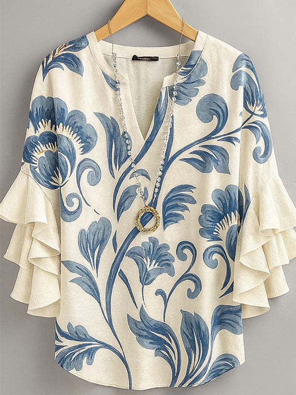 Printed V-Neck Ruffle Blouse