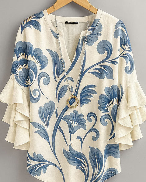 Printed V-Neck Ruffle Blouse