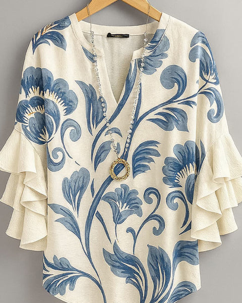 Printed V-Neck Ruffle Blouse