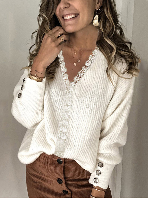 Lace-Combo V-Neck Sweater