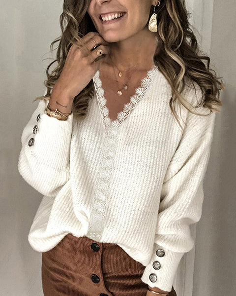 Lace-Combo V-Neck Sweater