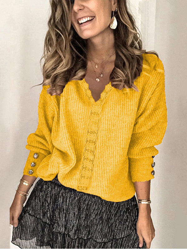 Lace-Combo V-Neck Sweater