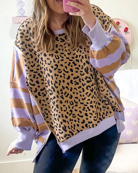 Stripe Combo Leopard Sweatshirt