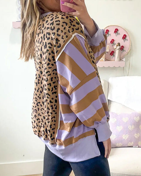 Stripe Combo Leopard Sweatshirt