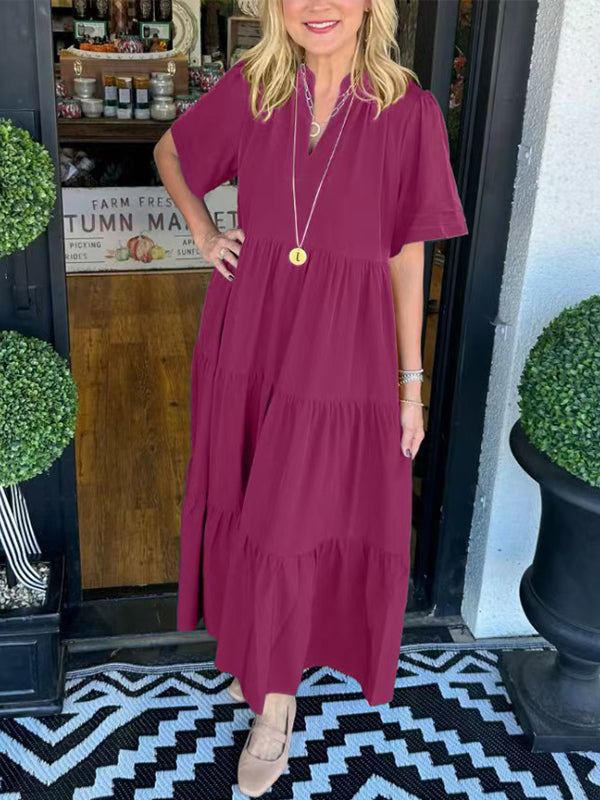 Solid V-Neck Ruffle Dress