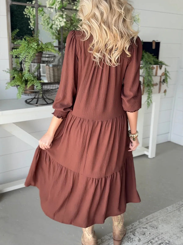 Solid V-Neck Ruffle Dress