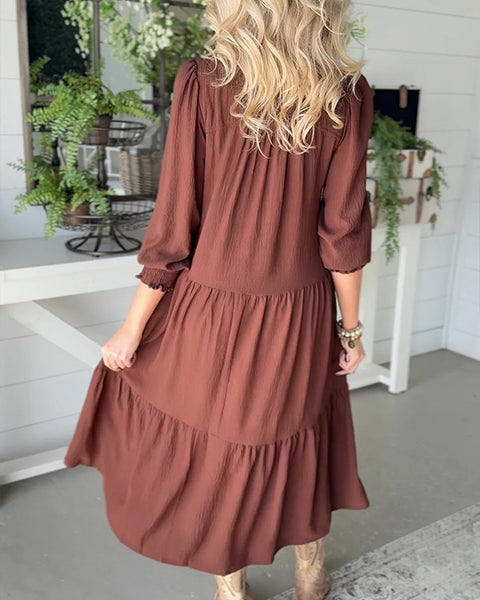 Solid V-Neck Ruffle Dress