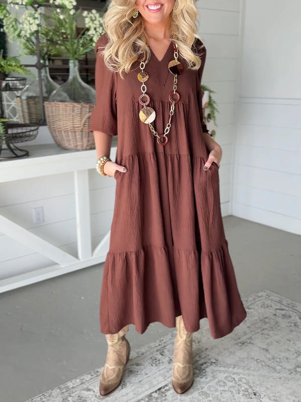 Solid V-Neck Ruffle Dress