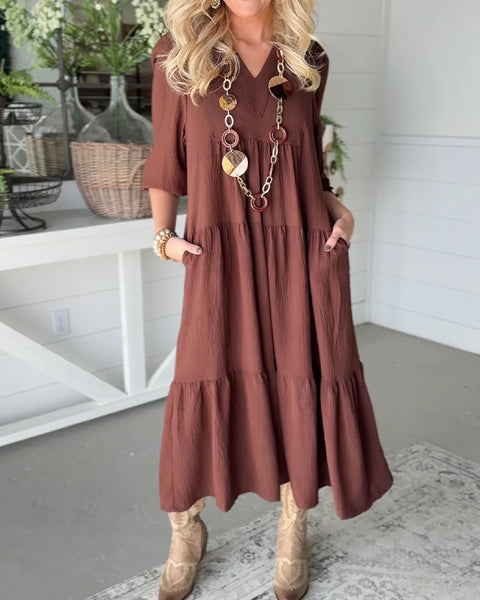 Solid V-Neck Ruffle Dress