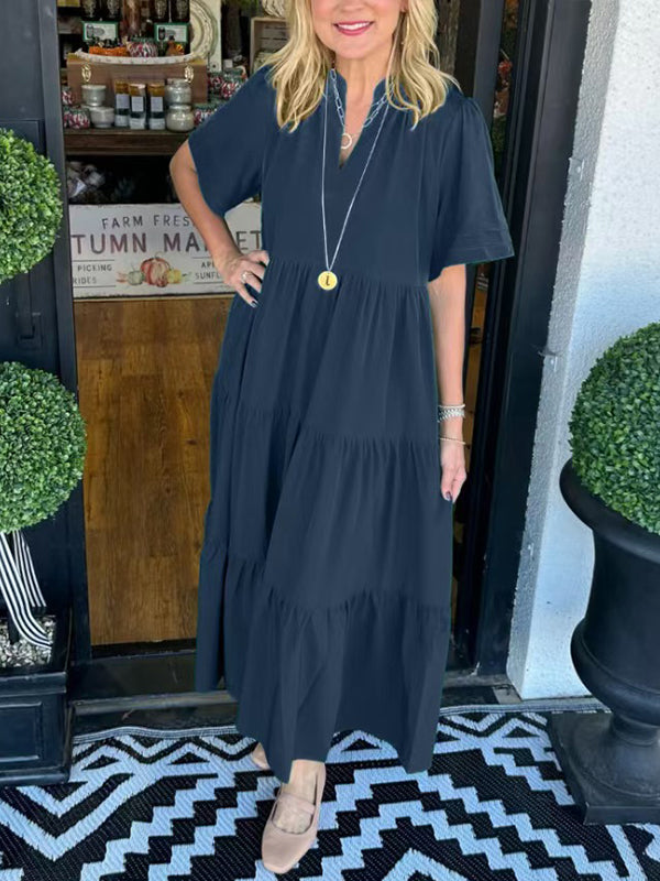 Solid V-Neck Ruffle Dress