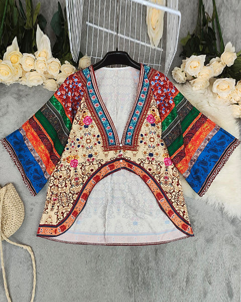 Printed V-Neck High-Low Shirt