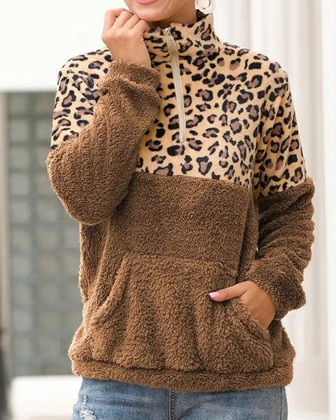 Leopard-Combo Zip-Front Sweatshirt