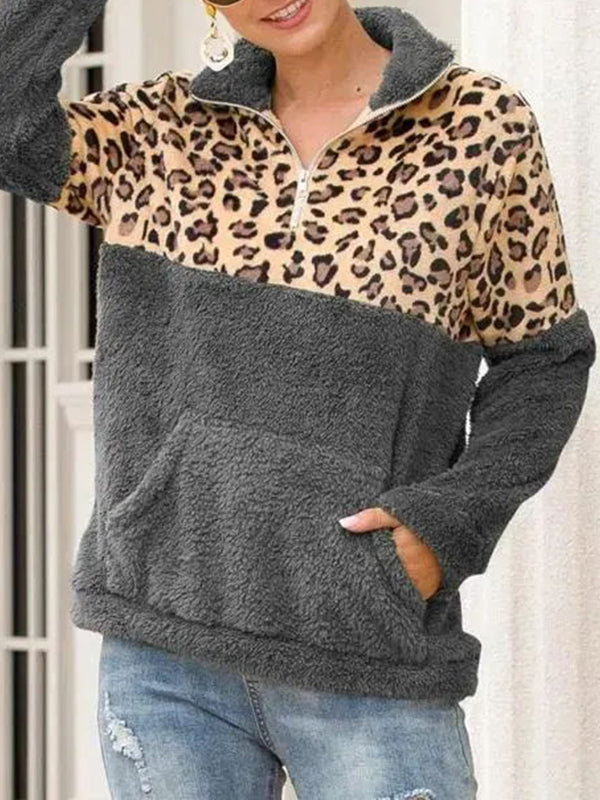 Leopard-Combo Zip-Front Sweatshirt