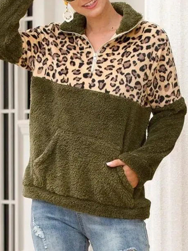 Leopard-Combo Zip-Front Sweatshirt