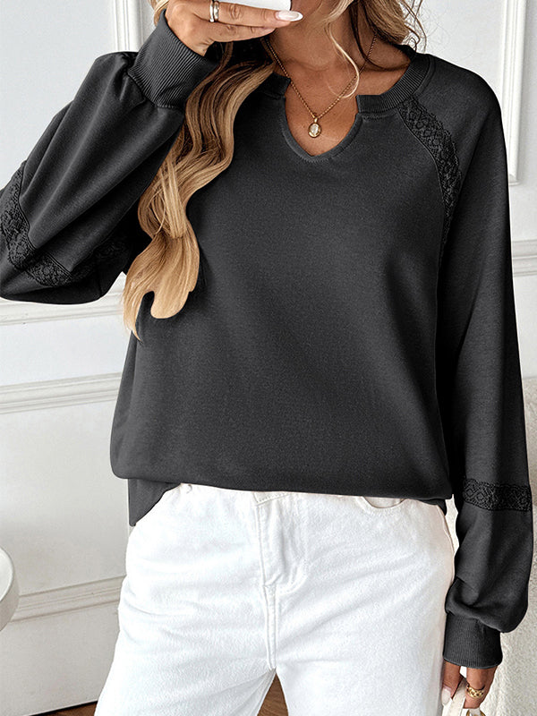Lace-Combo V-Neck Sweatshirt