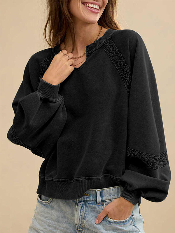 Lace-Combo V-Neck Sweatshirt