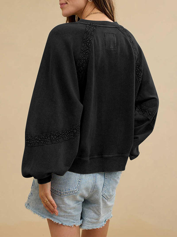 Lace-Combo V-Neck Sweatshirt