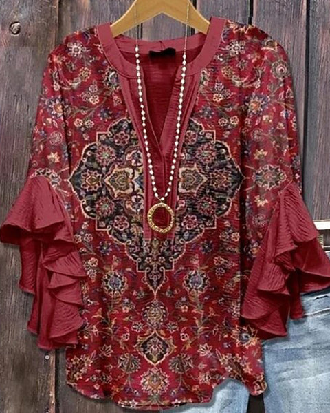 Printed-Combo V-Neck Blouse