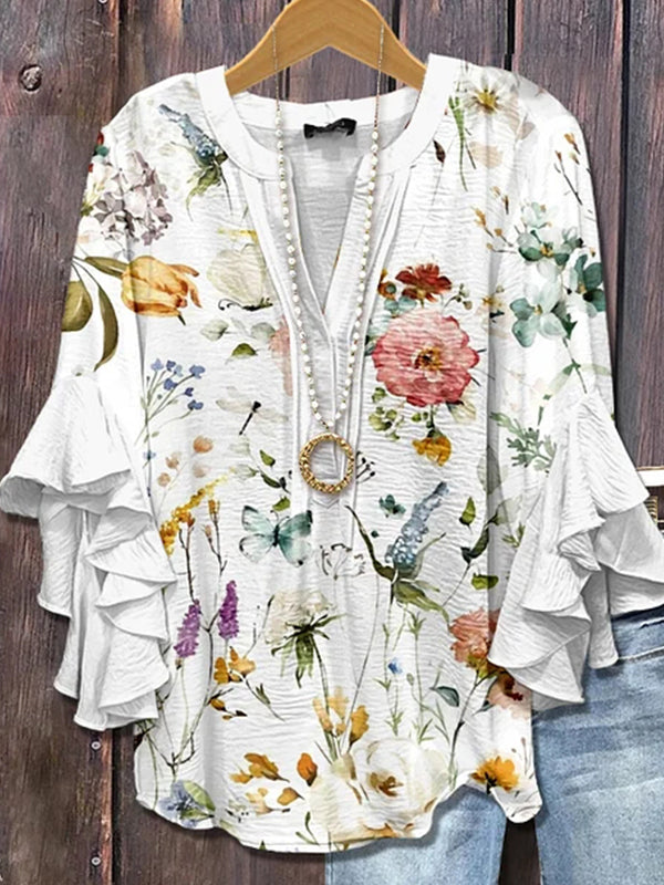 Printed-Combo V-Neck Blouse