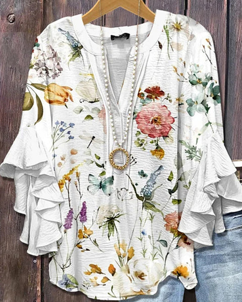 Printed-Combo V-Neck Blouse