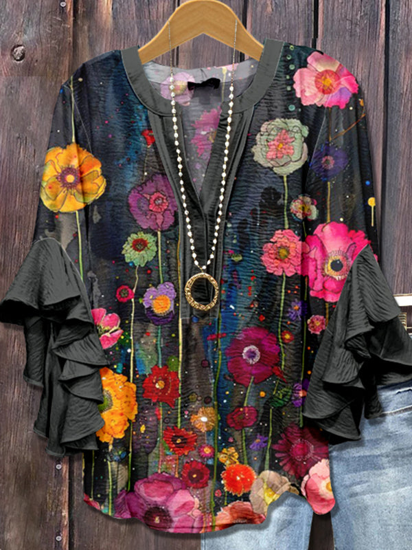 Printed-Combo V-Neck Blouse